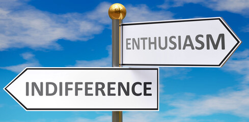 Indifference and enthusiasm as different choices in life - pictured as words Indifference, enthusiasm on road signs pointing at opposite ways, 3d illustration