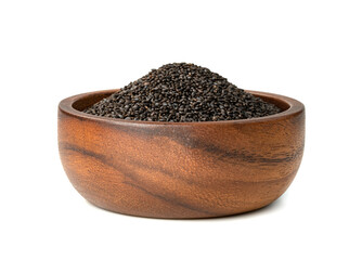 Hairy basil seeds with wooden bowl isolated on white background