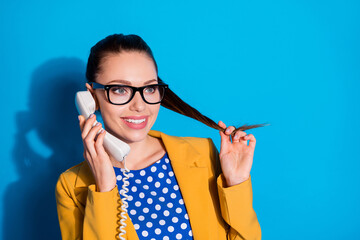 Close-up portrait of her she nice attractive charming cheerful girlfriend operator calling...