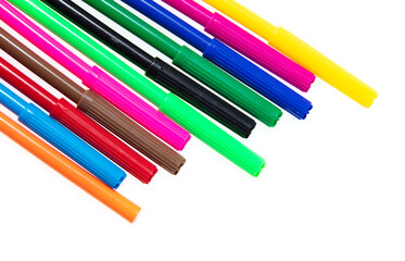 Colored felt-tip pens on a white background.