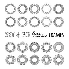 Vector set of 20 lace crochet round frames. - obrazy, fototapety, plakaty