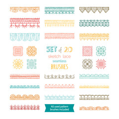 Vector set of 20 sketch lace seamless brushes. - obrazy, fototapety, plakaty