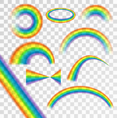 Rainbows in different shape realistic set on transparent background isolated vector illustration.
