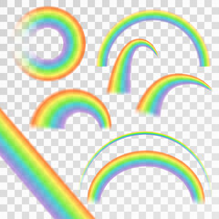 Rainbows in different shape realistic set on transparent background isolated vector illustration.