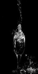 Splashes and drops of water in a glass are isolated on a black .