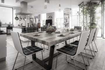 Fototapeta na wymiar Luxury Residential Loft Interior Design - black and white 3d visualization