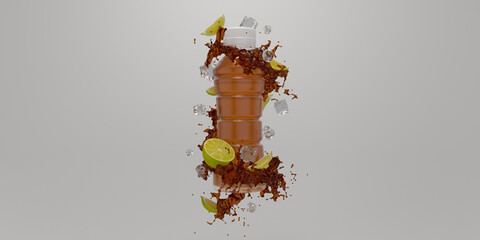 Tea bottle with splash and lemons mockup 3d render