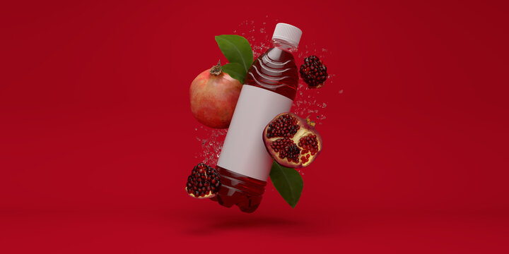 Red juice bottle with pomegranate fruits mockup 3d render