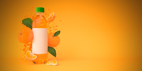 Water bottle with tangerines and liquid drops on orange background 3d render