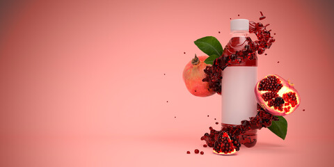 Water bottle with liquid splash and pomegranate on pink background 3d render
