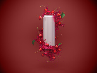 Soda can with liquid splash and cherry 3d render illustration