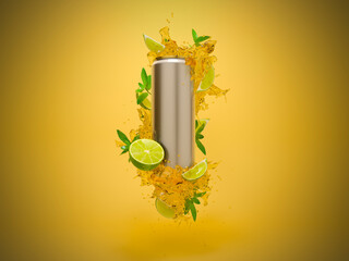 Soda can with lime and mint product 3d render