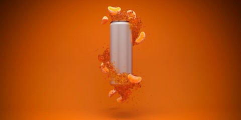 Soda orange can with liquid splash 3d render