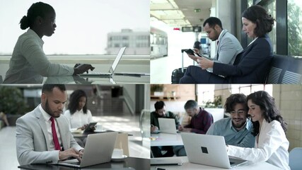 Collage of professional workers typing on laptop. Content people working, sitting, browsing. Multiscreen montage, split screen collage. Digital technology and startup projects concept