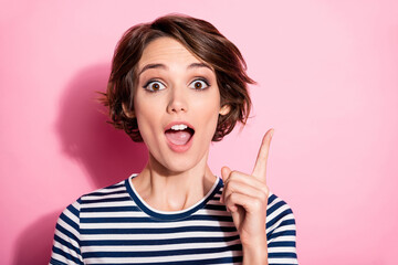 Closeup photo of crazy lady funny facial expression open mouth raise finger have amazing creative...
