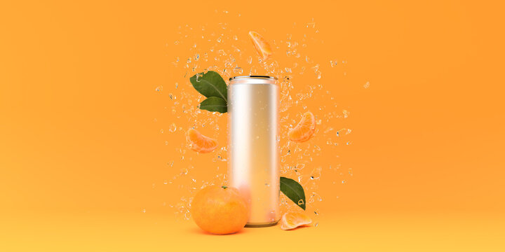 Soda can whit water drops and tangerine on orange background 3d render