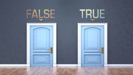 Obraz na płótnie Canvas False and true as a choice - pictured as words False, true on doors to show that False and true are opposite options while making decision, 3d illustration
