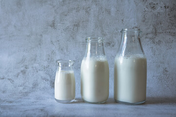 Three glass bottles of milk on a grey background