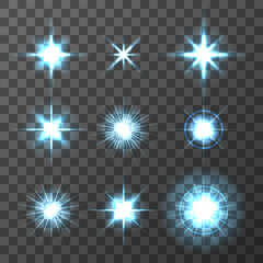 Set of Vector glowing light effect stars bursts on transparent background. Transparent stars