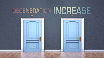 Degeneration and increase as a choice - pictured as words Degeneration, increase on doors to show that Degeneration and increase are opposite options while making decision, 3d illustration