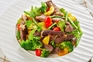 Gluten-free recipe of beef steak on a white plate