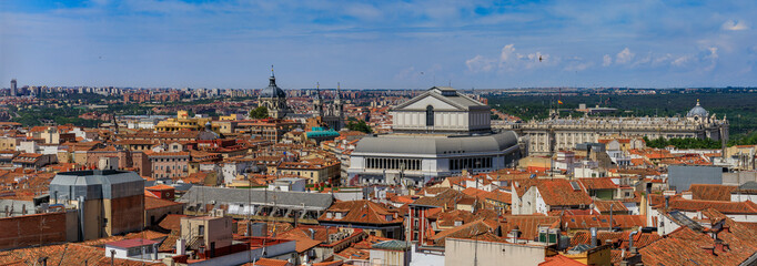 Aerial view of the Madrid cityscape with Almudena Cathedral and Teatro Real rooftops in the city center in Madrid, Spain