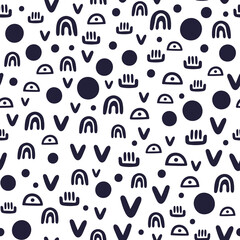 Abstract symbols isolated on white background. Vector seamless pattern with geometric elements. Hand drawn backdrop for textile, wrapping paper, flat design.