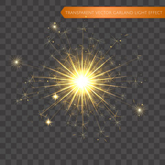 Christmas realistic bengal light effect. Isolated sparkler light vector design elements. Transparent template of glowing sparkler for Xmas Holiday greeting card design. Happy New Year decoration light