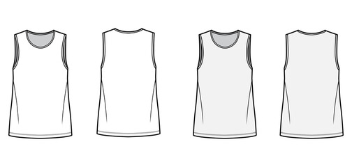 T-shirt technical fashion illustration with crew neck, fitted oversized body sleeveless, flat.