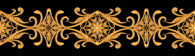 Seamless pattern. Golden textured curls. Oriental style arabesques. Brilliant lace, stylized flowers. Openwork weaving delicate, golden background, 3D rendering.