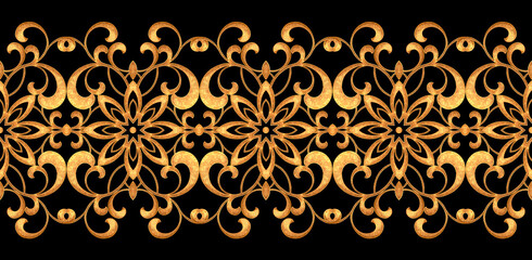 Seamless pattern. Golden textured curls. Oriental style arabesques. Brilliant lace, stylized flowers. Openwork weaving delicate, golden background, 3D rendering.