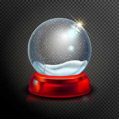 Realistic Christmas glass snow globe isolated on transparent background. vector illustration. Winter in glass ball. Magic Christmas crystal ball of glass, snow and red stand. Vector illustration.
