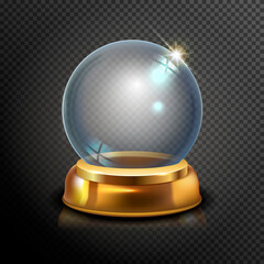 Magic crystal ball of glass and gold . Empty snow globe. White transparent glass sphere on a stand. Vector christmas glass ball on transparent background. Transparent object for design, mock-up