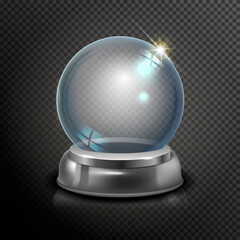 Magic crystal ball of glass and silver. Empty snow globe. White transparent glass sphere on a stand. Vector christmas glass ball on transparent background. Transparent object for design, mock-up