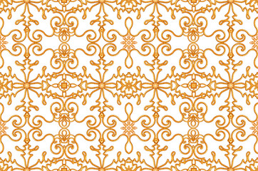 Seamless pattern. Golden textured curls. Oriental style arabesques. Brilliant lace, stylized flowers. Openwork weaving delicate, golden background, 3D rendering.