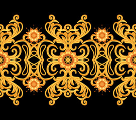 Seamless pattern. Golden textured curls. Oriental style arabesques. Brilliant lace, stylized flowers. Openwork weaving delicate, golden background, 3D rendering.