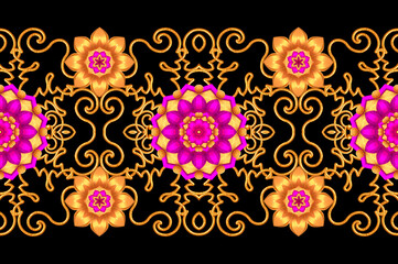 Seamless pattern. Golden textured curls. Oriental style arabesques. Brilliant lace, stylized flowers. Openwork weaving delicate, golden background, 3D rendering.