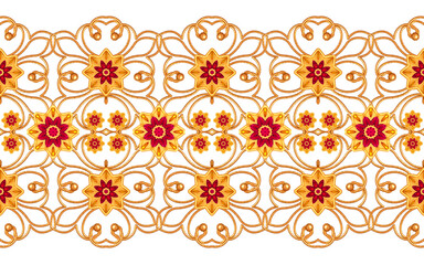 Seamless pattern. Golden textured curls. Oriental style arabesques. Brilliant lace, stylized flowers. Openwork weaving delicate, golden background, 3D rendering.