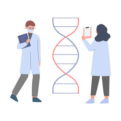 Scientists in Lab, Tiny People in White Coat Doing Professional Researchers with Dna Structure, Medicine Genetic Technology Flat Style Vector Illustration