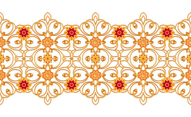 Seamless pattern. Golden textured curls. Oriental style arabesques. Brilliant lace, stylized flowers. Openwork weaving delicate, golden background, 3D rendering.