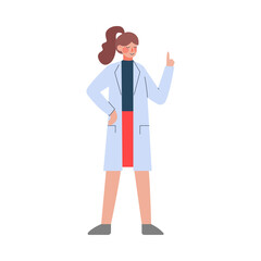 Female Scientist or Doctor Character, Woman in White Coat Giving Advice with Raised Index Finger Flat Style Vector Illustration