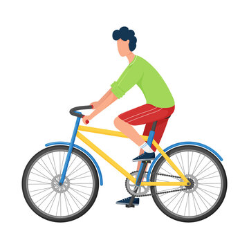 A young man rides a Bicycle in bright casual clothes and sneakers. Flat style. Sports training, active lifestyle. Color vector illustration. Isolated on a white background
