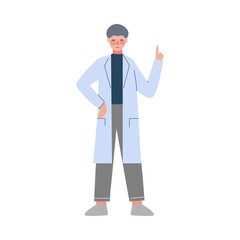 Scientist or Doctor Character, Man in White Coat Giving Advice with Raised Index Finger Flat Style Vector Illustration