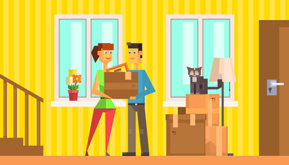 Happy Family Moving to New House or Apartment, Man and Woman Carrying their Stuff in Cardboard Boxes Vector Illustration