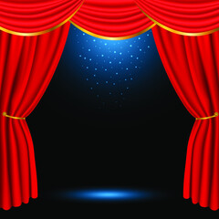 red curtains open isolated on a dark background blue magic lighting realistic 3D illustration vector