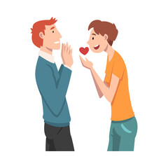 Fototapeta premium Guy offers his heart to the guy. Undivided love. Vector illustration.