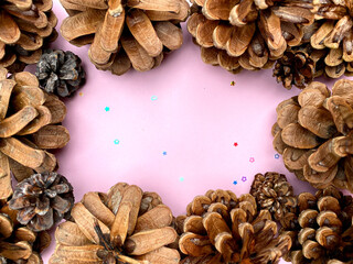 stylish background with pine cones on pink copy space for text. seasonal holidays concept