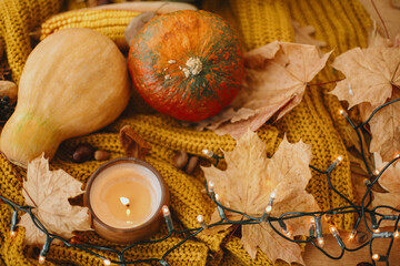 Hello fall. Cozy rustic autumn image. Pumpkins, autumn leaves, candle, warm lights and acorns, walnuts, berries on yellow knitted sweater on rustic wood.  Happy Thanksgiving