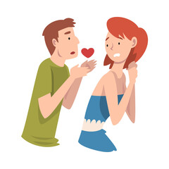 Girl refuses the proposal of the heart of a young man. Undivided love. Vector illustration.