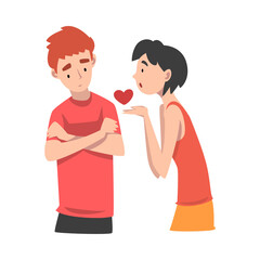 Young woman offers her heart to a young man. Undivided love. Vector illustration.